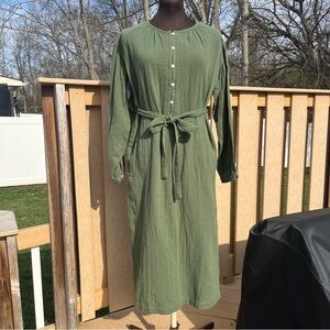 Universal Thread 100% Cotton Gauze Olive Green Long Sleeve Maxi Dress Size XS